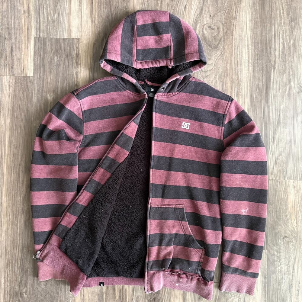 Vintage Y2K DC Skateboarding Zip Up Hoodie Men's Size M Red Striped WORN